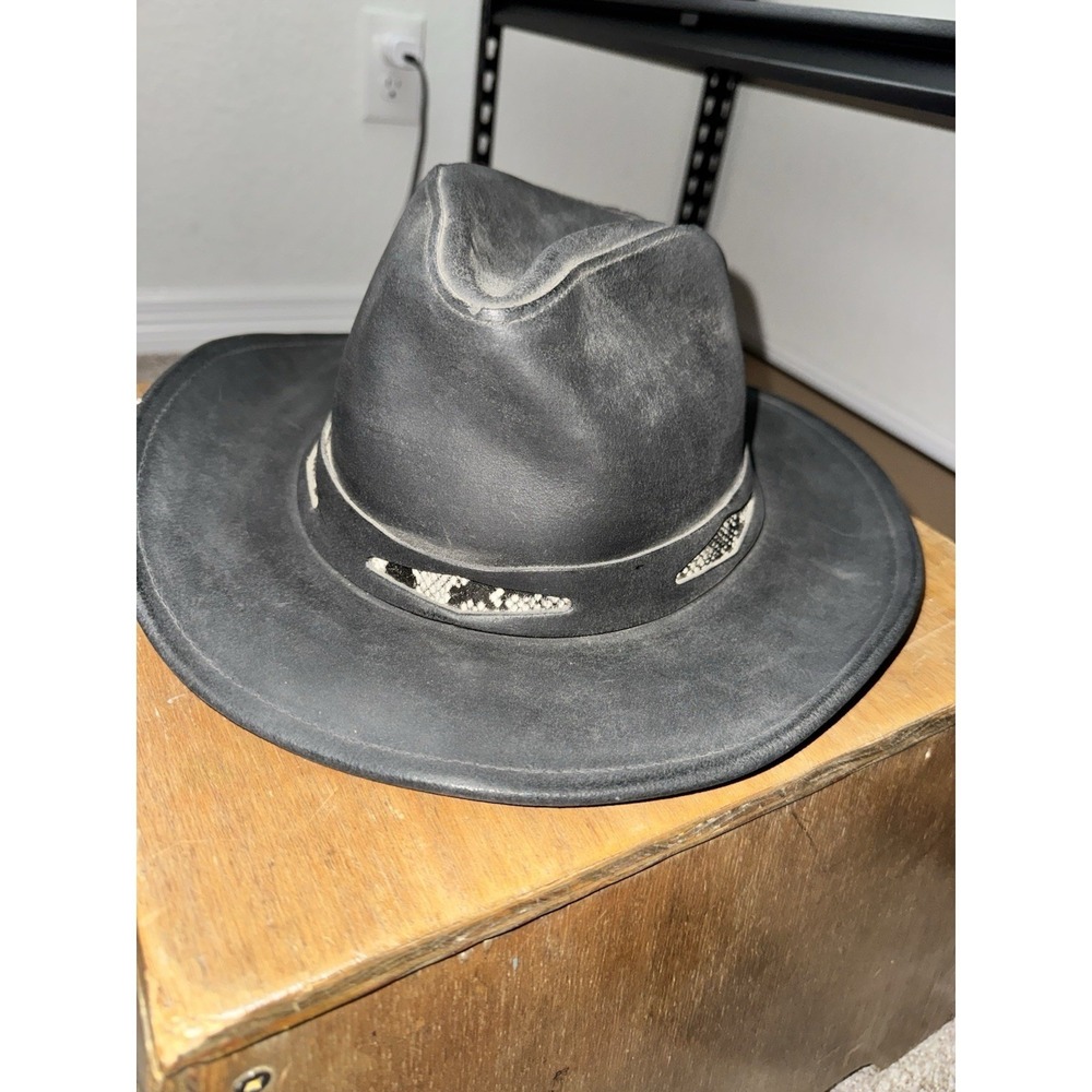 Henschel Hat Co Black Leather Western Cowboy Outback Wide Brim Hat Size XL